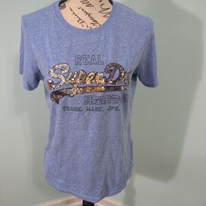 SuperDry Women's Blue Vintage Logo Carnival Sequin T-Shirt, Size 8 y2k